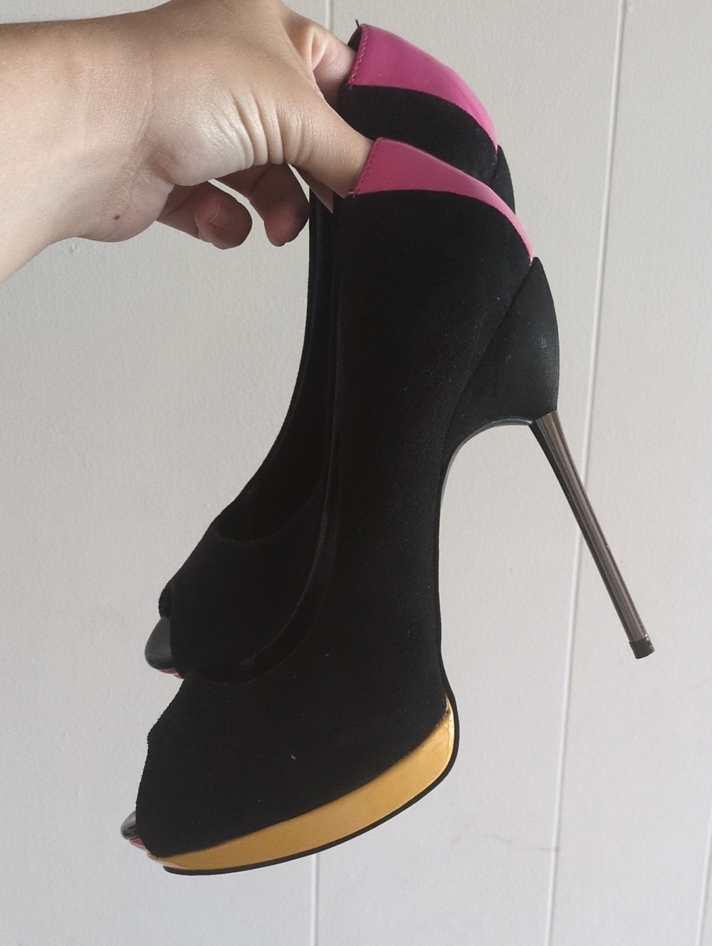 Aldo Black Suede Peep-Toe Heels with Pink And Yellow Trim